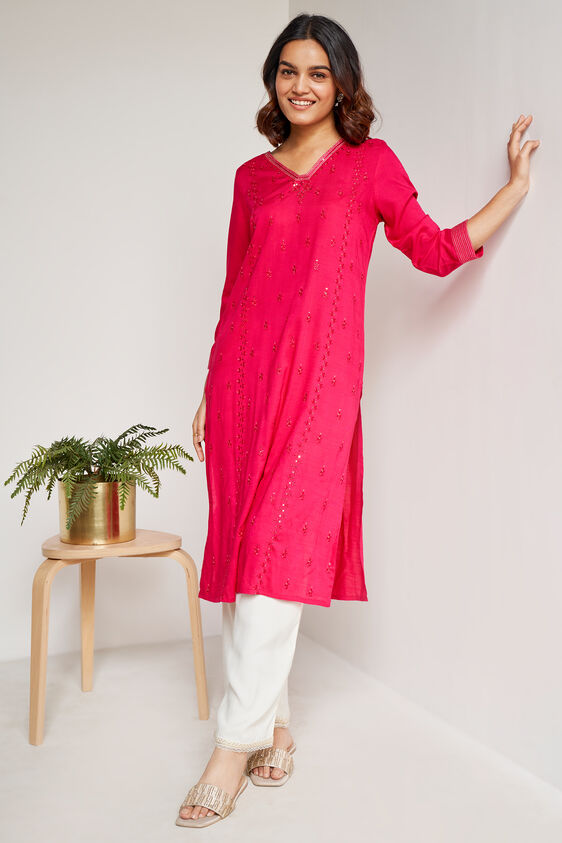 Solid Embroidered Straight Kurta, Hot Pink, image 1